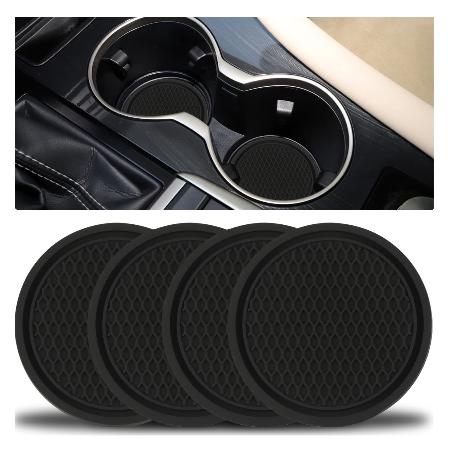 Singaro Car Cup Coaster, 4Pcs Universal Non-Slip Cup Holders Embedded In Ornaments Coaster, Car Interior Accessories, Black