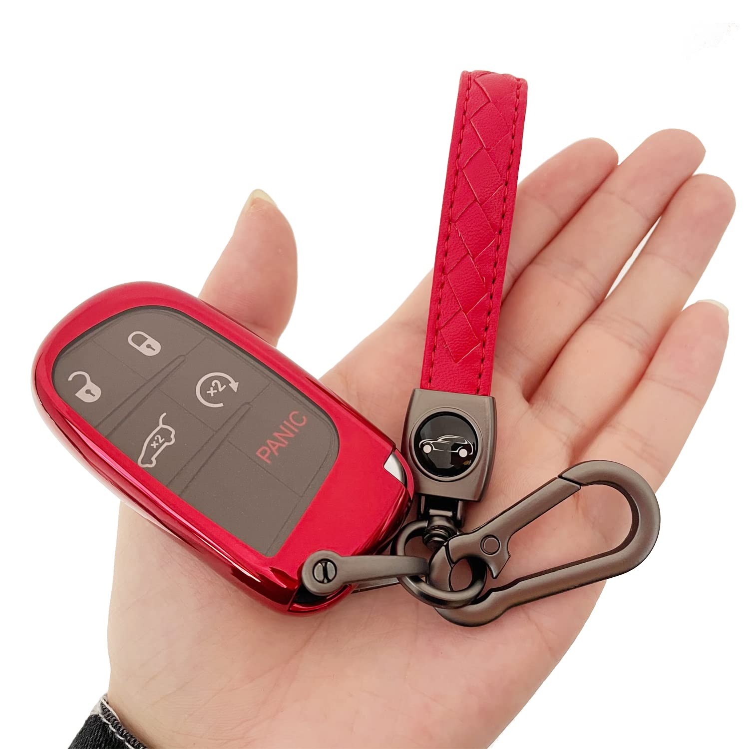 Tandrive Key Fob Cover Compatible With 2025 2024-2015 Jeep Compass Dodge Durango Cherokee Grand Cherokee Renegade Challenger Charger Ram Chrysler 300(3 4 5-Button, Red)