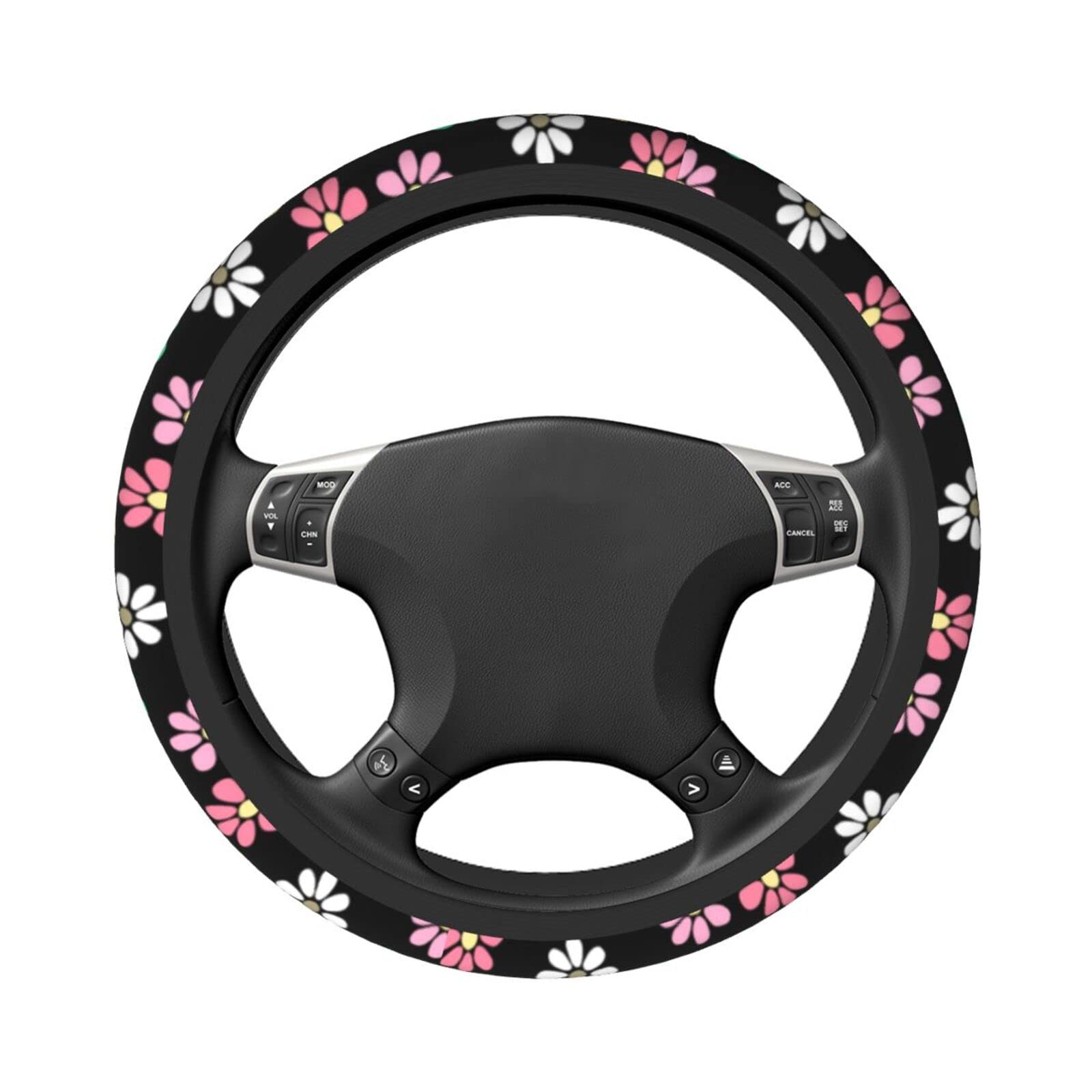 Cute Multi-Colored Daisy Flowers Steering Wheel Cover Universal Floral Pattern Print Wheel Protector for Women Ladies Non-Slip A