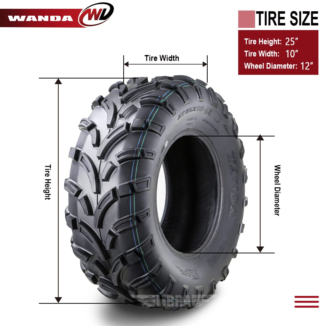 Wanda Set Of 4 Atv Utv Tires 25X10-12 25X10X12 6Pr P373 High Load Capcity Mud