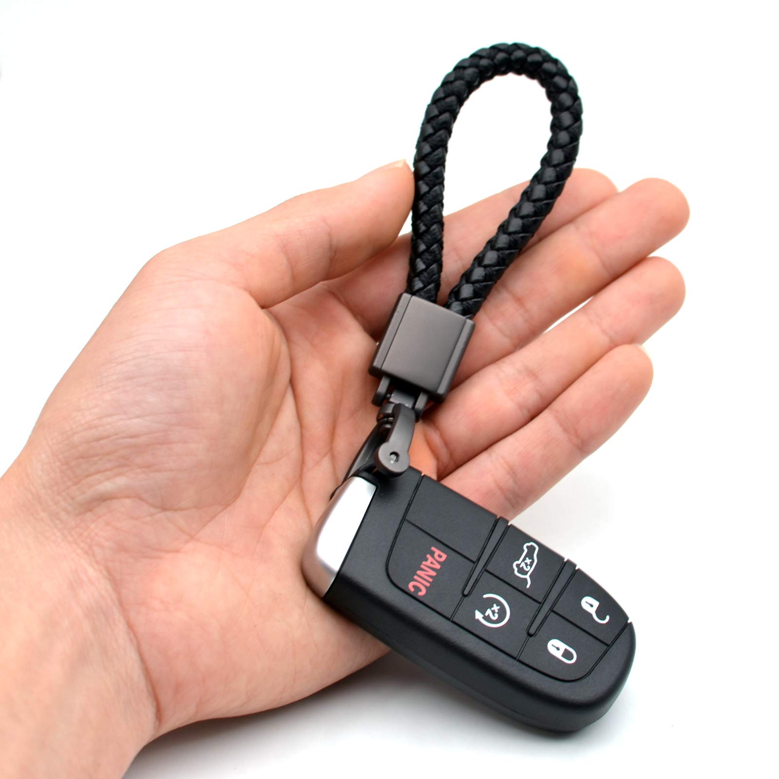 Feyoun Universal Black Leather Car Fob Keychain Metal Keyring Woven Strap Braided Rope Key Chain For Men And Women - Matte Black Color, With 360 Degree Rotatable D-Ring And Screwdriver
