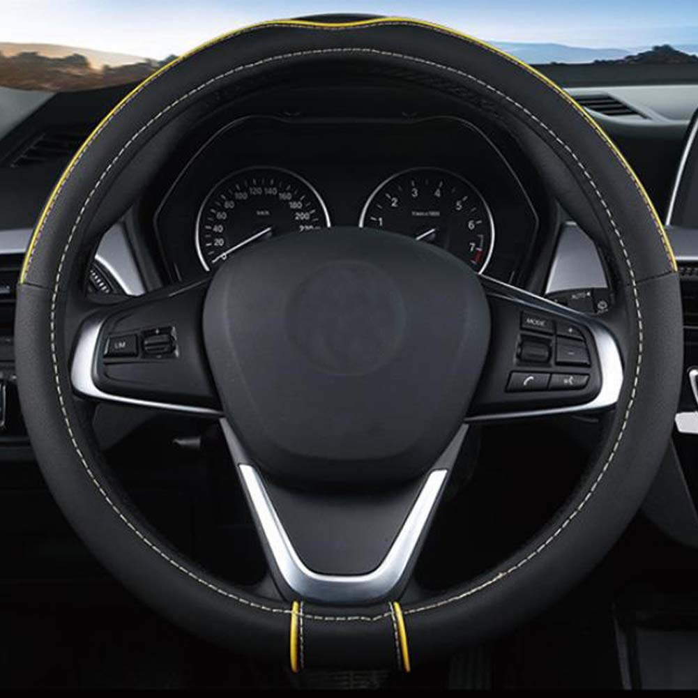 Shiawasena Auto Car Steering Wheel Cover, Universal 15 Inch Fit, Soft Leather, Breathable Anti Slip (Black&Yellow)