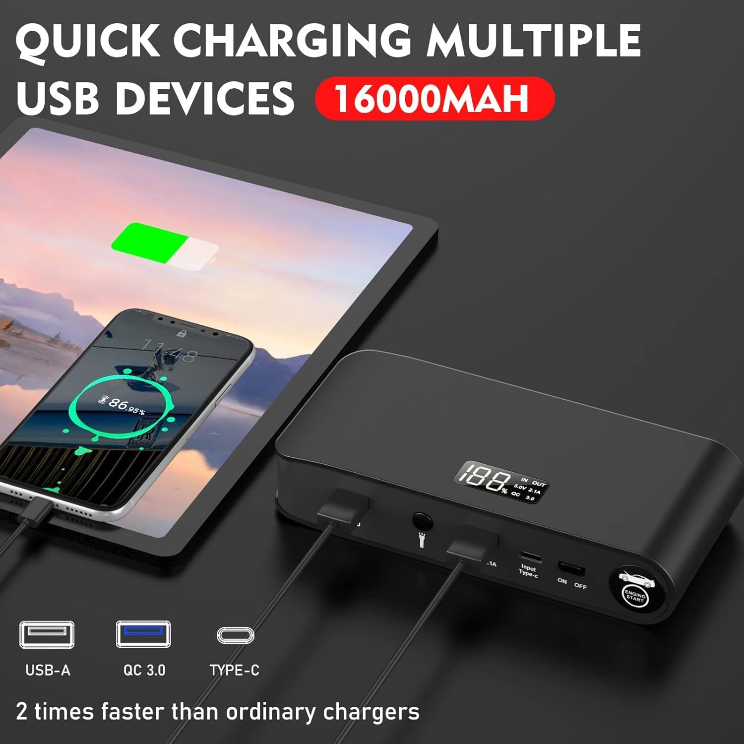 1600A Battery Jump Starter 16000Mah Jump Pack 12V With Jumper Cables, Portable Battery Booster With Usb Qc 3.0 Wall Charger For