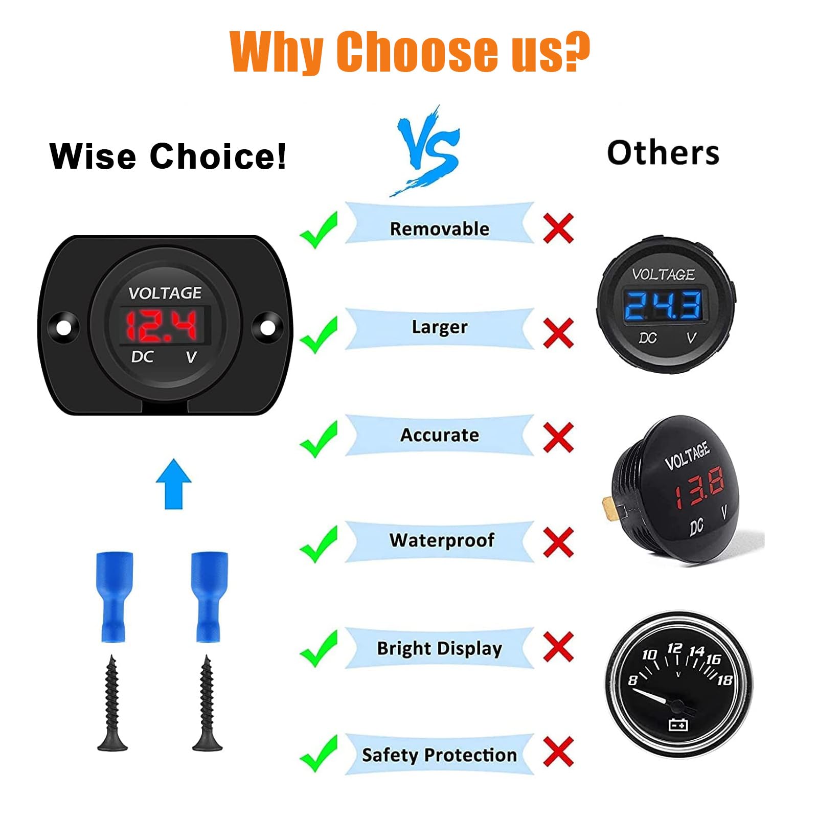 Linkstyle 2 Pack Dc 12V 24V Car Voltmeter With Led Digital Display Panel, Waterproof Voltage Gauge Meter With Terminals For Boat