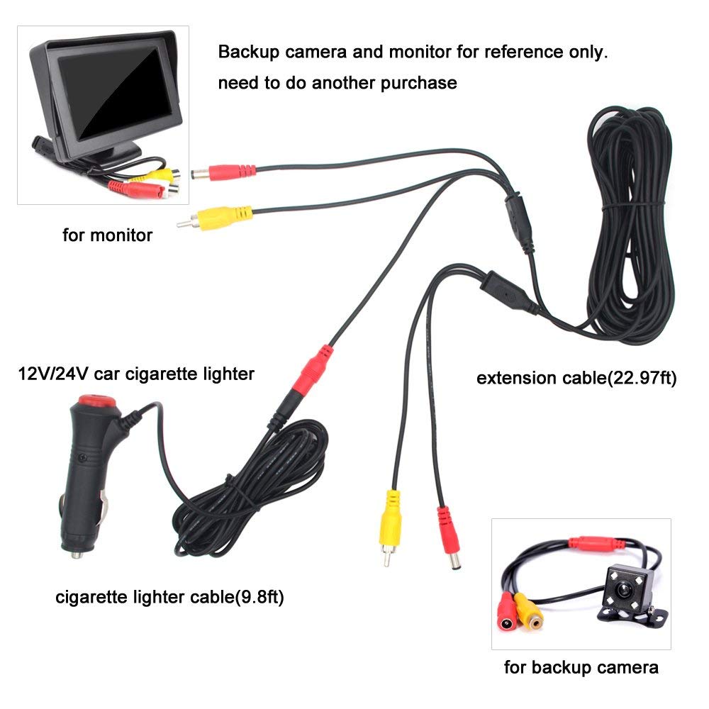 Royitay 12V/24V Super Thin 4 Pin Cigarette Lighter Power Supply Kit For Car Rear View Camera And Lcd Monitor With Rca Connection