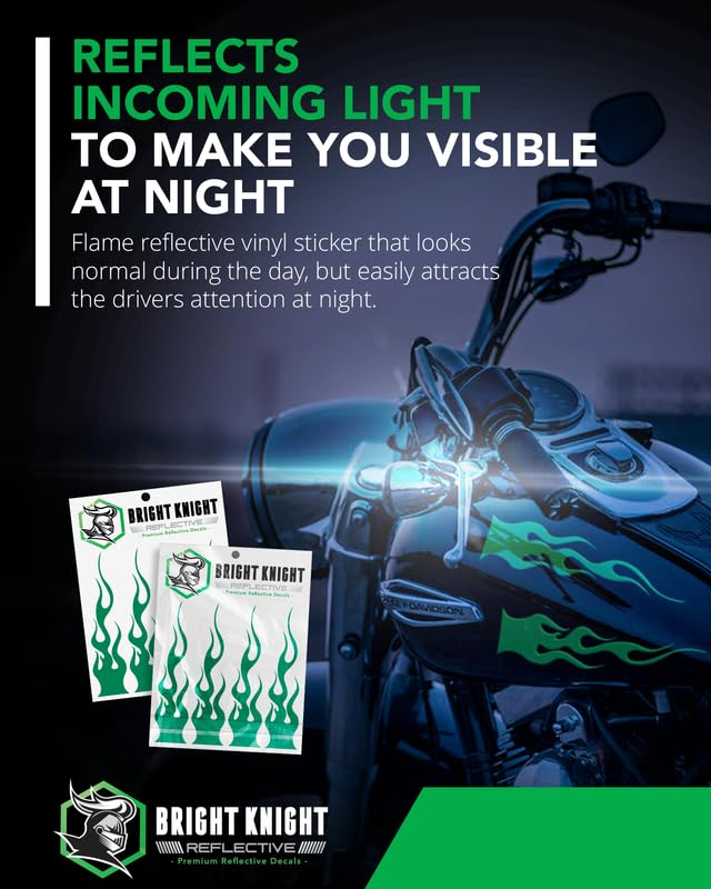 Bright Knight Flame Stickers, 4 Pcs Green Reflective Car Sticker Decal With 3M Retro-Reflective Vinyl, Self-Adhesive Outdoor Wat