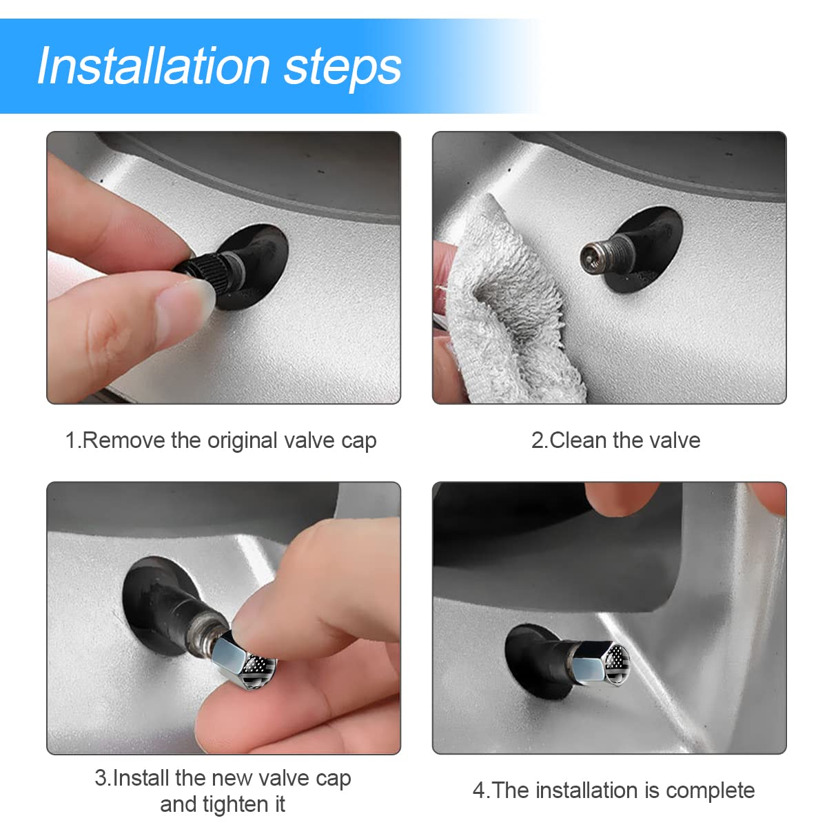 American Flag Tire Valve Stem Caps For Car, 4Pack Anti-Rust Airtight Rubber Seal Universal Valve Stem Covers For Cars, Vehicles, Bicycles, Trucks, Motorcycles, Car Accessories (Silver/Gray)