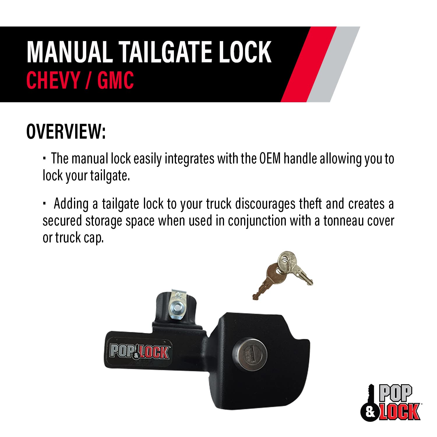 Pop & Lock Tailgate Lock for Chevy Silverado & GMC Sierra, Anti-Theft, Metal, Black, Model PL1100, Easy to Install, 1999-2007