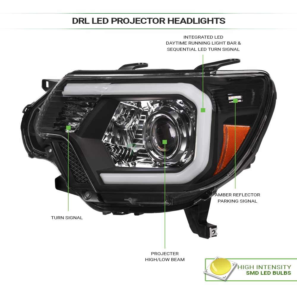 Tlaps 7422439477445 Compatible With 2012-2015 Toyota Tacoma Switchback Sequential Led Strip Bar Black Housing Projector Headligh