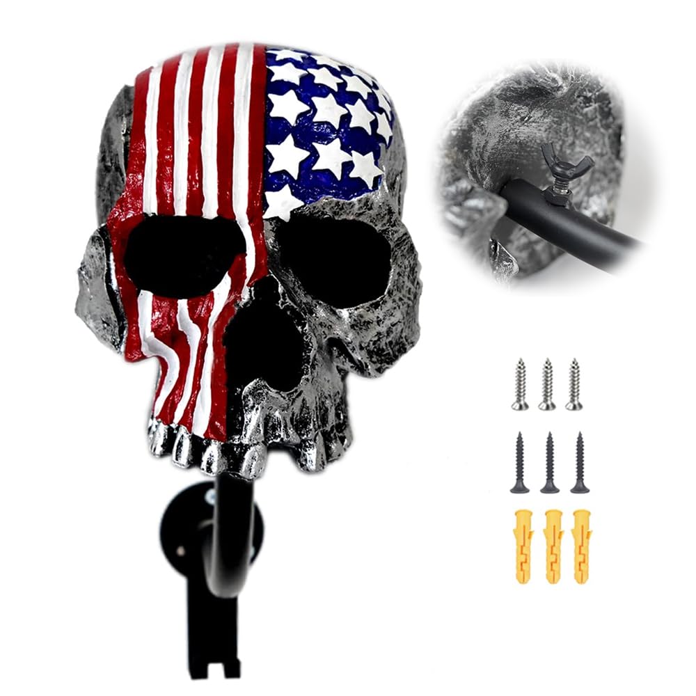 Tooyuart Motorcycle Accessories Helmet Holder Wall Mount, Skull Motorcycle Helmet Rack With 2 Hooks Hanger For Coats, Caps, Spor