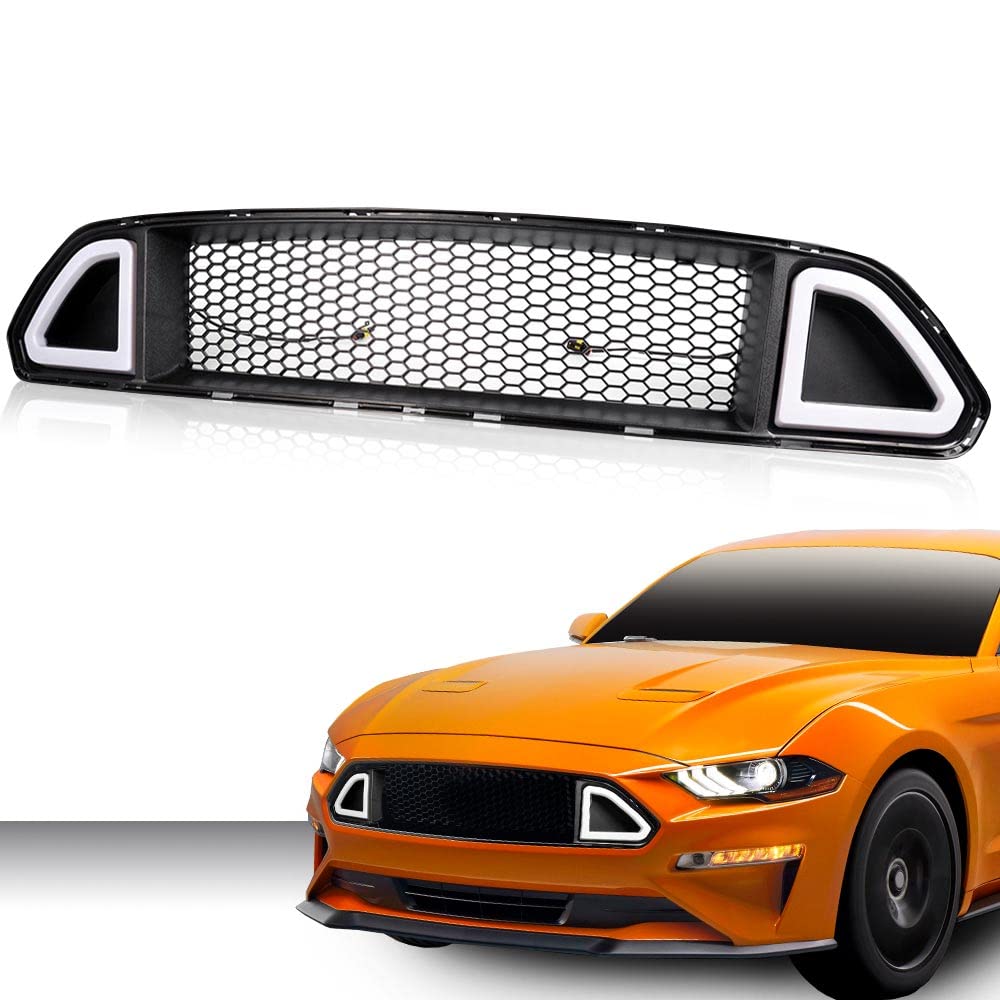 Pit66 Front Hood Upper Grille With White Drl Led Light, Compatible With 2015-2017 Ford Mustang