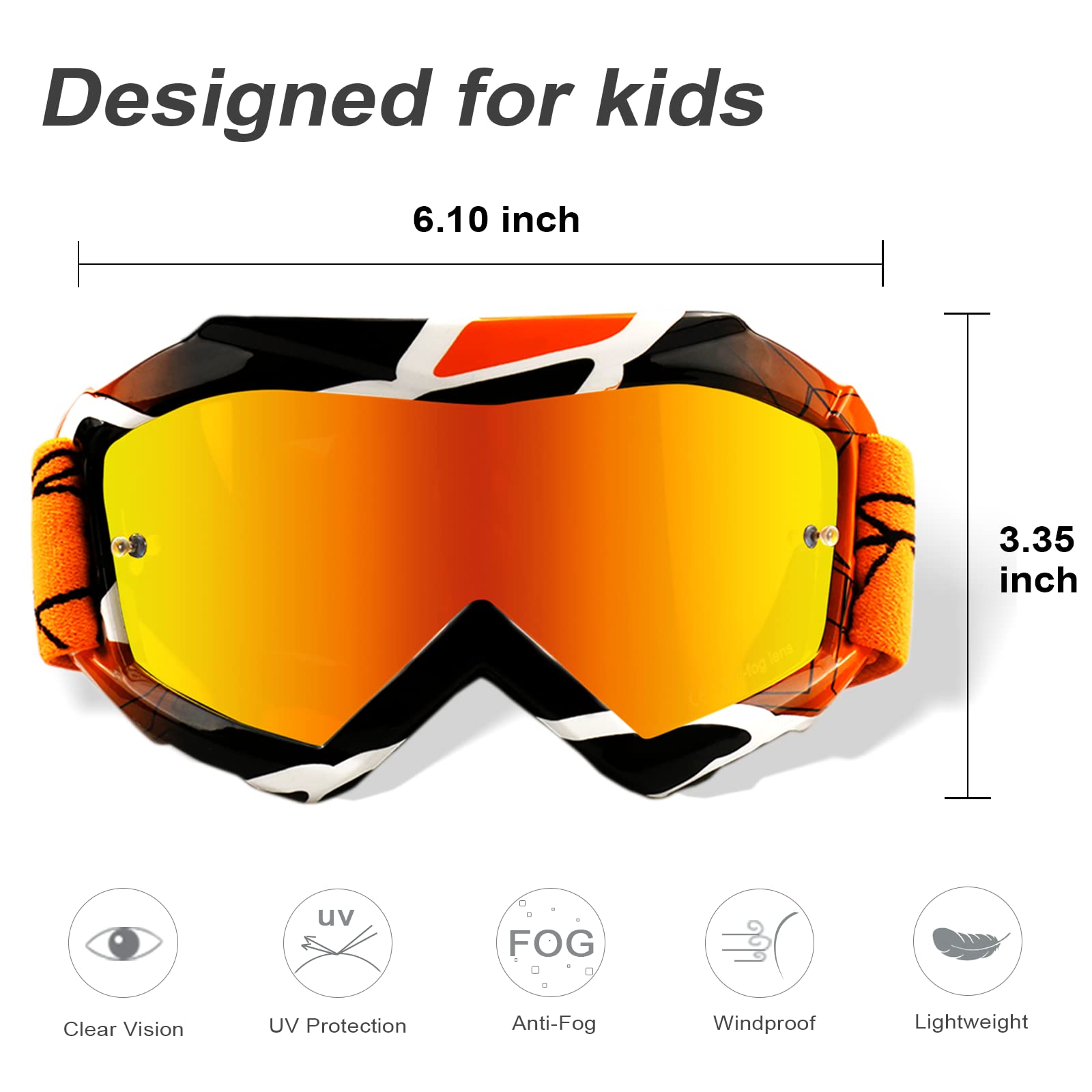 Nenki Youth Kids Dirt Bike Goggles, Kids Motocross Goggles Otg Mx Atv Motorcycle Goggles Off Road Glasses With Anti Fog 100% Uv Protection Lens,Orange Tinted Lens