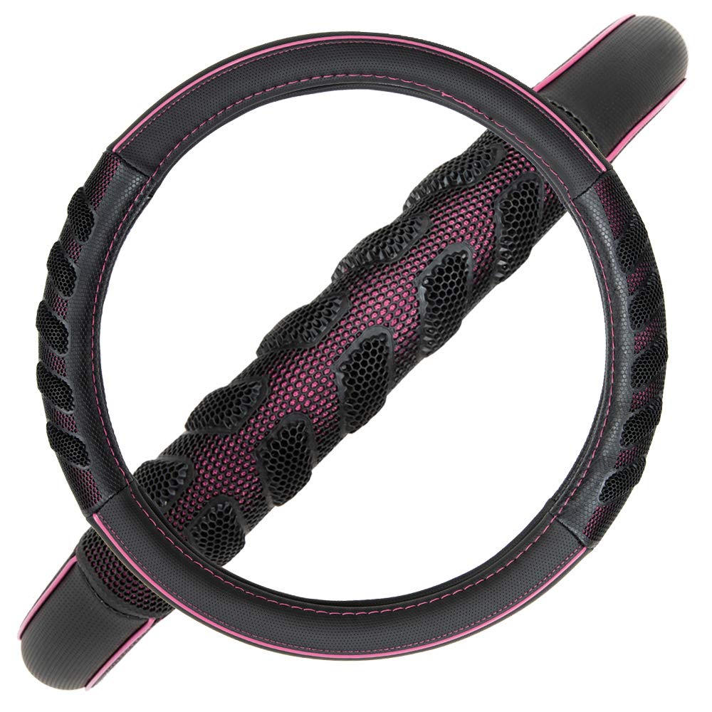Flying Banner Car Steering Wheel Cover Faux Leather Massage Universal Fit 3D Honeycomb Hole Anti-Slip Sporty 15 Inches (Pink Bla