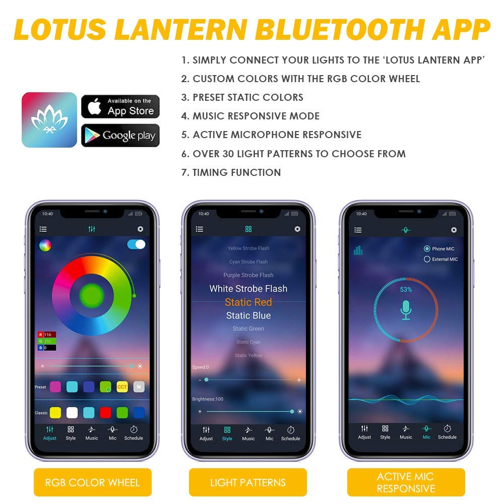 Xprite Rgb Led Car Interior Bluetooth Usb Light Strip, W/Wireless Remote And App Control,4 Pcs Under Dash Footwell Ambient Light