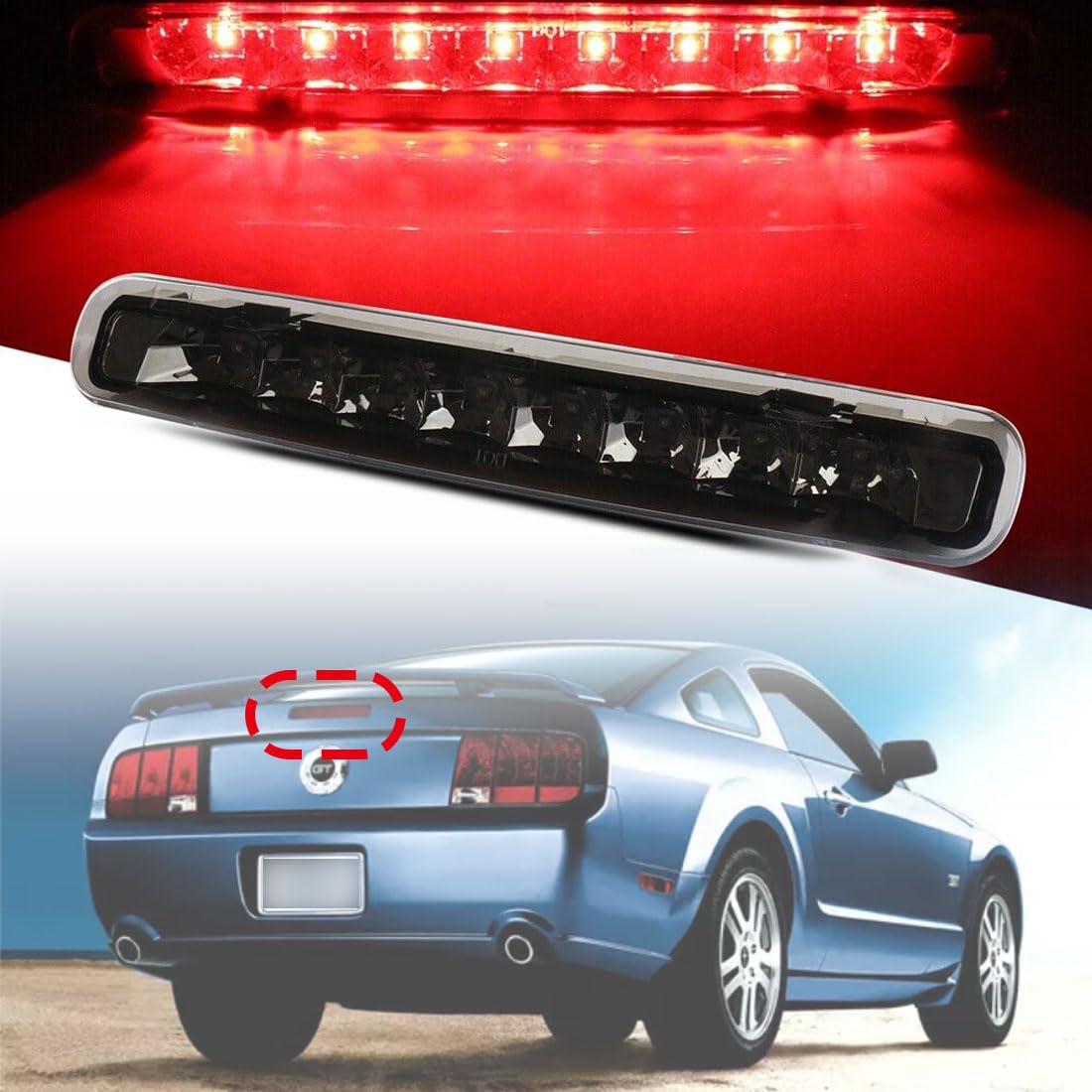 Sl-Hermosa Full Led Third Brake Light Compatible With 2005-2009 Ford Mustang, Rear Brake Stop Tail Light Oem# 6R3Z13A613A