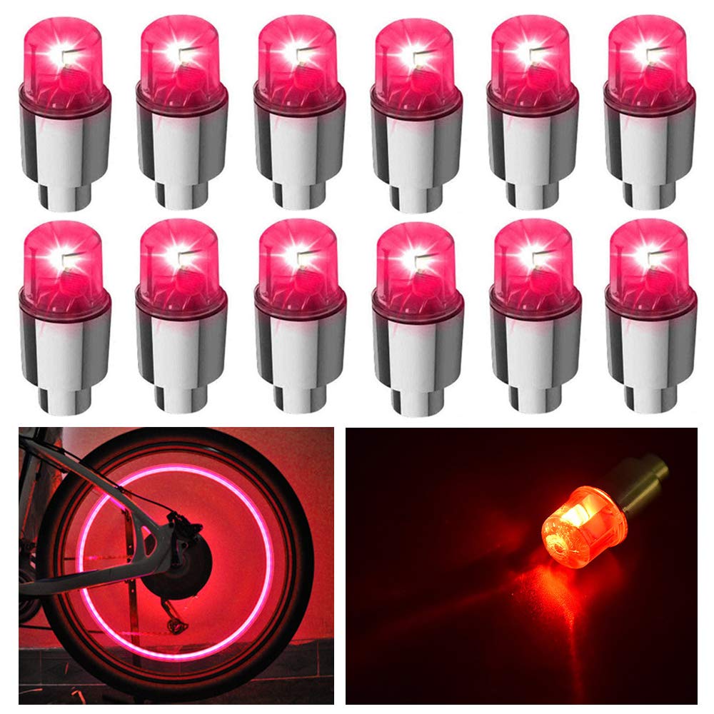 Ficbox 12 Pcs Led Wheel Lights Flash Light Tire Valve Cap Lamp For Car Trucks Motorcycle Bike (Red)