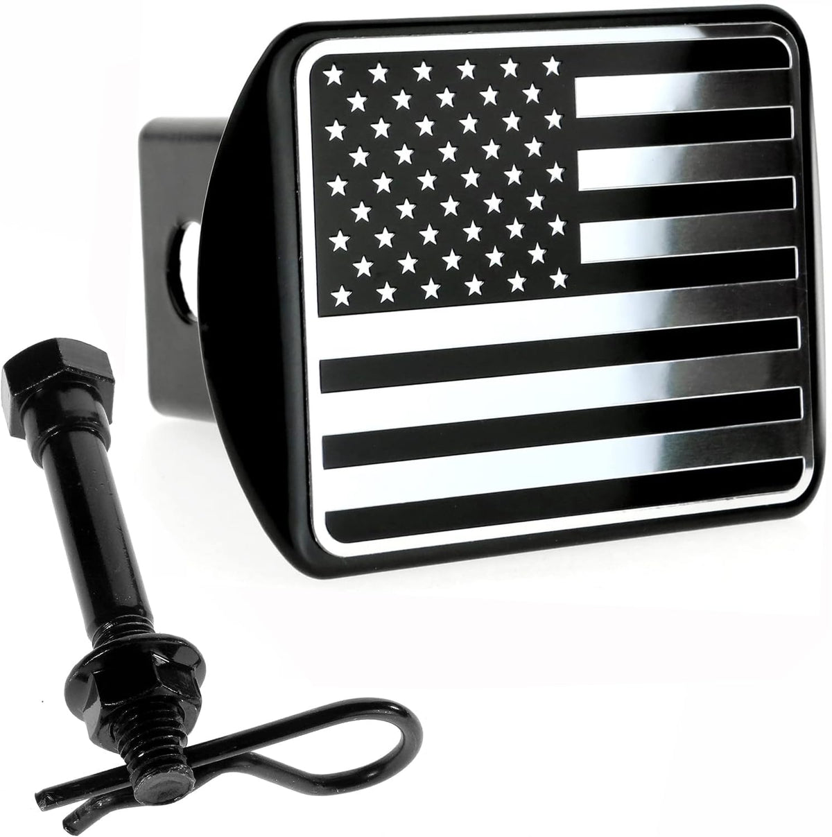 Everhitch Usa Stainless Steel Flag Metal Hitch Cover (Fits 2'' Receivers, Black & Chrome)