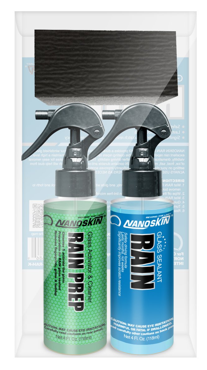Nanoskin RAIN Glass Sealant Complete Solution Kit  ReadytoUse RAIN PREP, RAIN Glass Sealant & Autoscrub Sponge | Crystal Clea