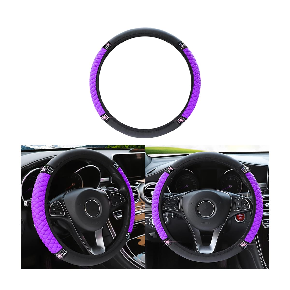Bling Leather Steering Wheel Cover, Colorful Rhinestones Elastic Steering Wheel Protector, Pu Soft Leather With Crystal Diamond,