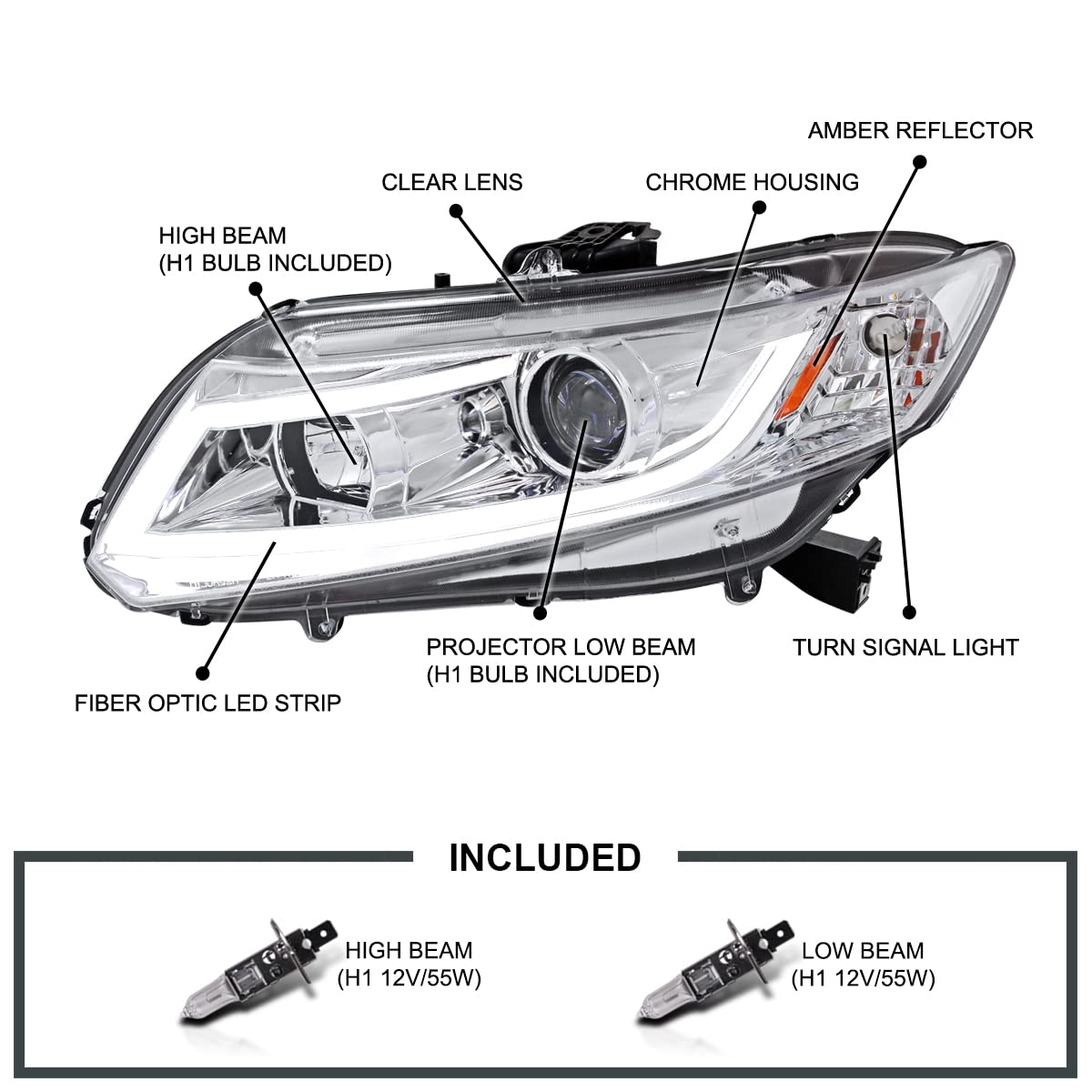 Spec-D Tuning Chrome Housing Clear Lens Projector Headlights W/New Led Light Bar Compatible With 2012-2015 Honda Civic 4Dr Sedan, 2012-2013 Honda Civic 2Dr Coupe Left + Right Pair Headlamps Assembly