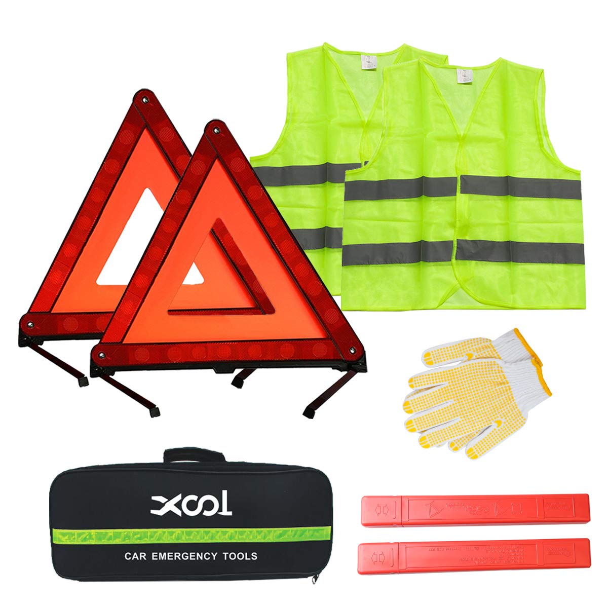 Xool Emergency Warning Triangle Kit - Roadside Safety Kit With Reflective Warning Triangles, High-Visibility Safety Vests, Stora