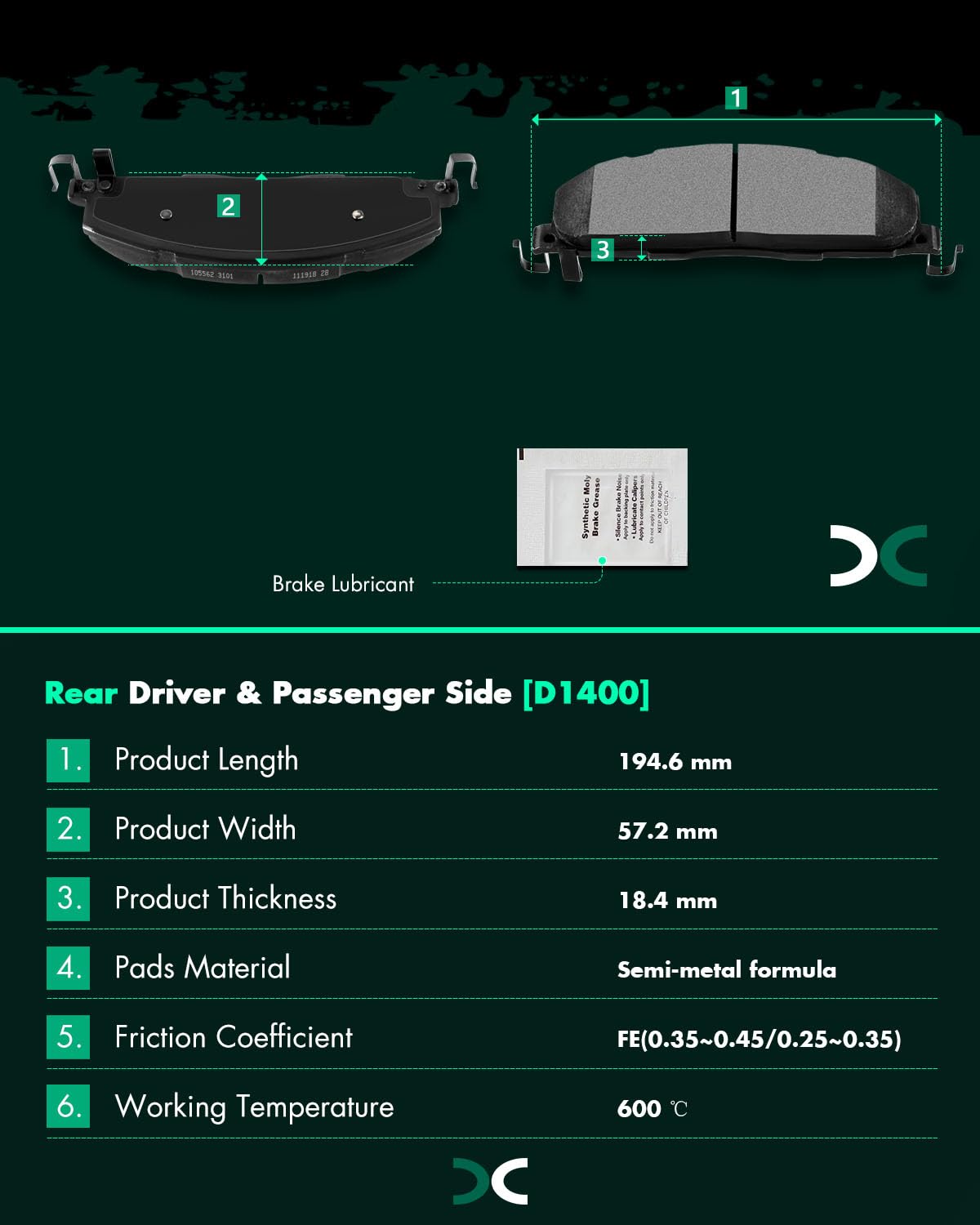 Scitoo D1400 Rear Semi-Metal Brake Pads - Fit For Dodge Ram 2500, 3500, 1500, 2009-2018 & Ram Promaster 3500 2017