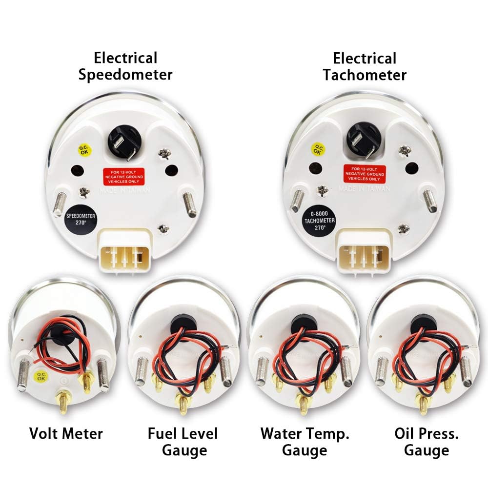 MOTOR METER RACING Classic 6 Gauge Set with GPS Electrical Speedometer Digital Odometer White Dial Red Needle Light Bulb Illumin