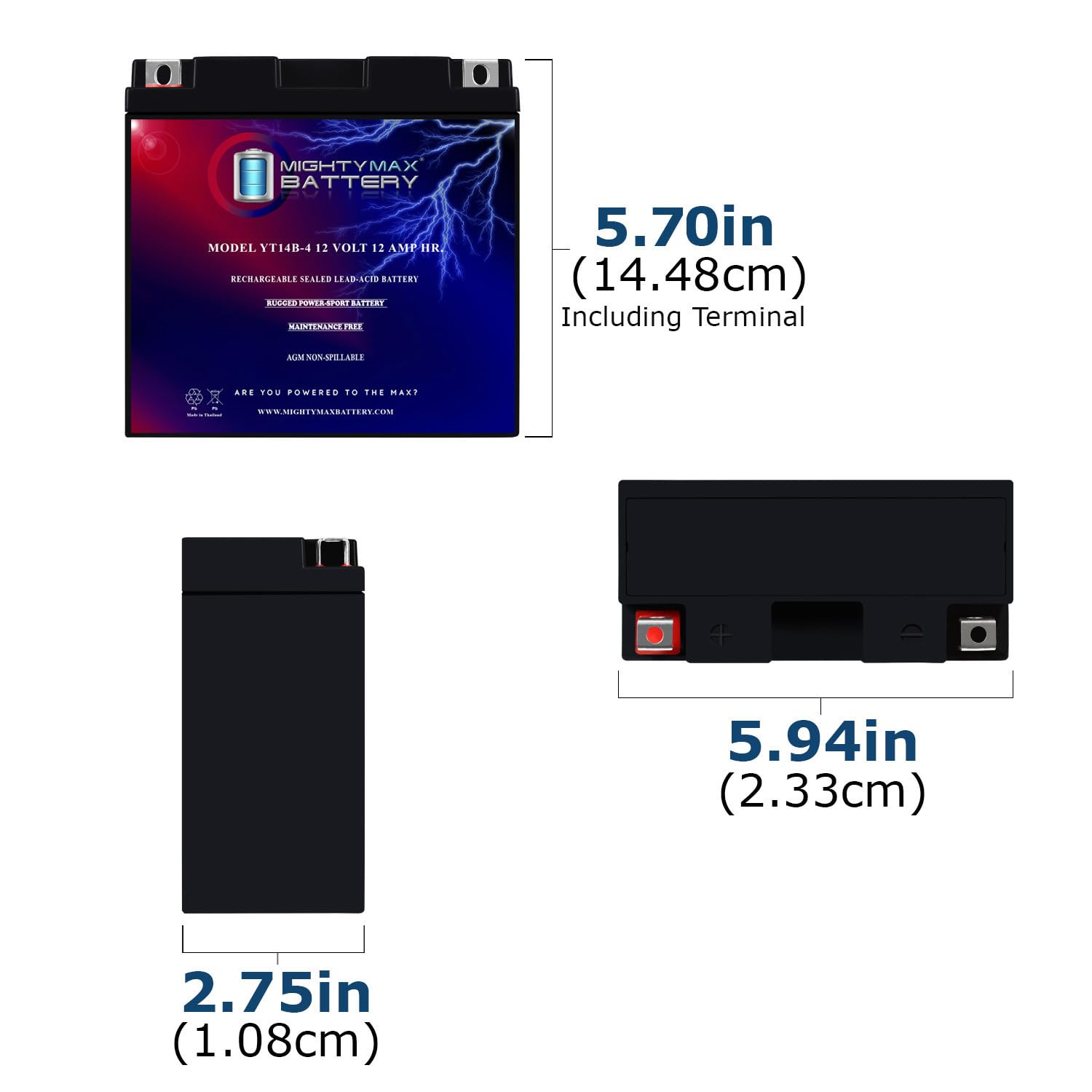 Mighty Max Battery Yt14B-4-12 Volt 12 Ah, 115 Cca, Rechargeable Maintenance Free Sla Agm Motorcycle Battery