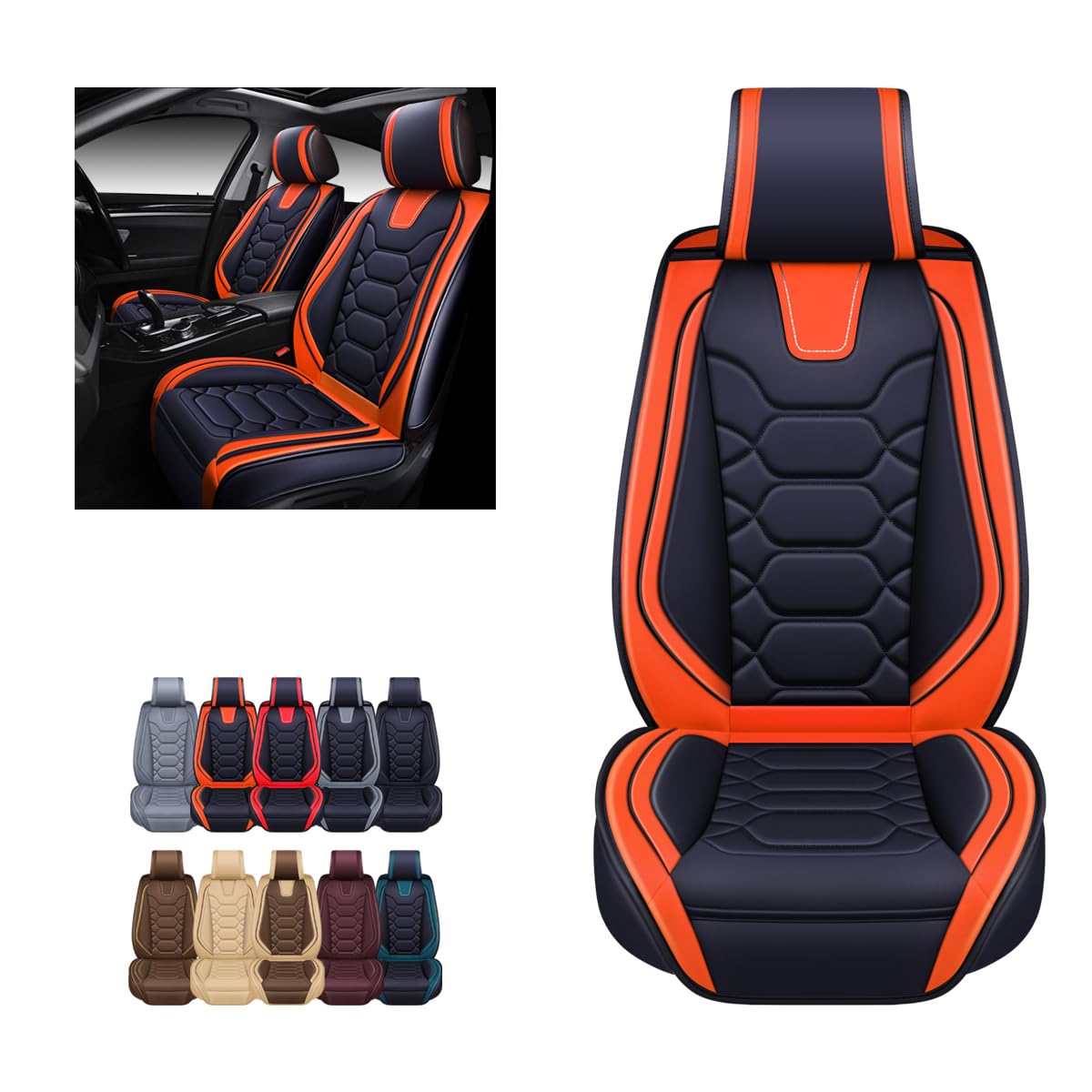 Oasis Auto Car Seat Covers Premium Waterproof Faux Leather Cushion Universal Accessories Fit Suv Truck Sedan Automotive Vehicle Auto Interior Protector Front Pair (Os-004 Orange)
