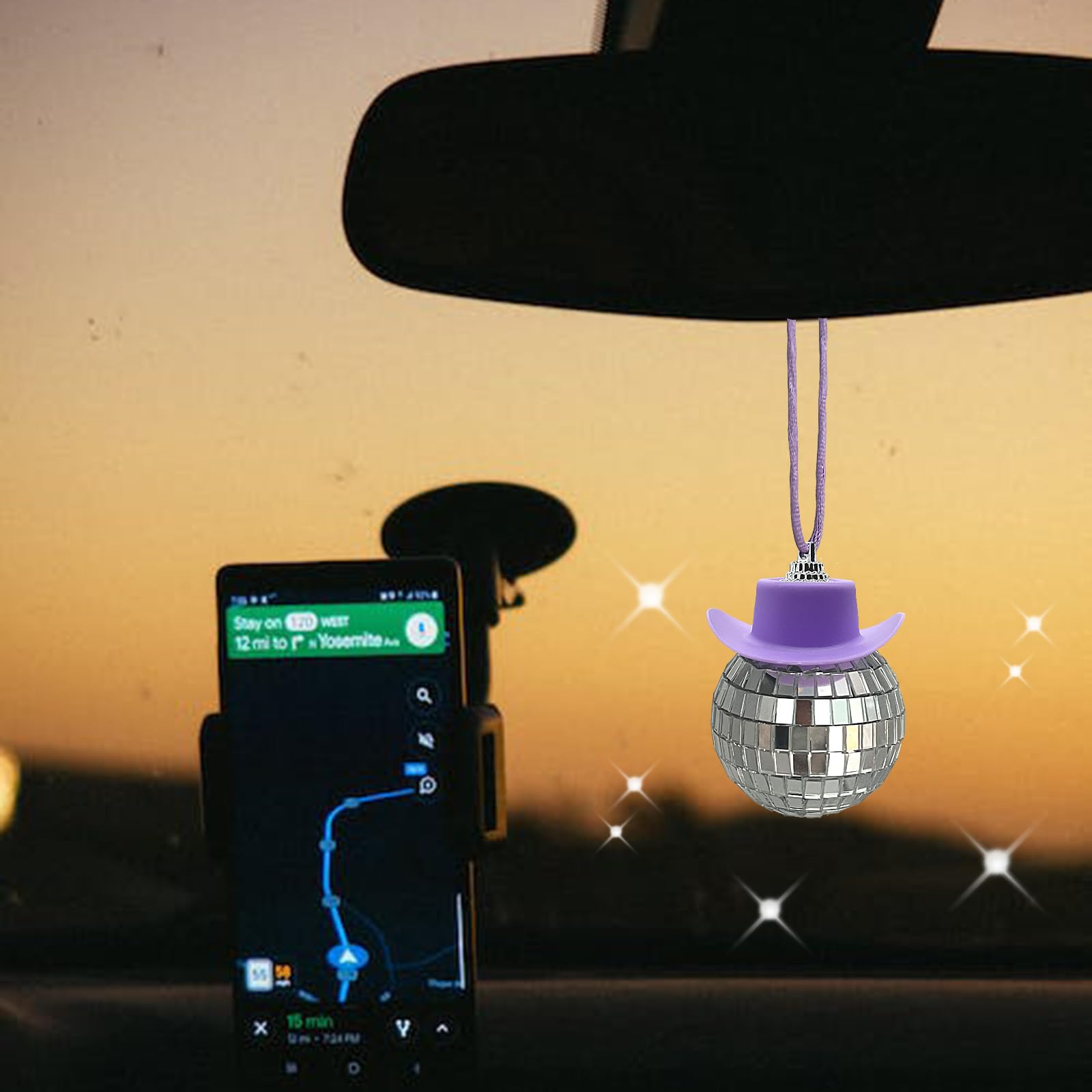 Spansee Purple Disco Ball With Cowboy Hat Car Charm, Rear View Mirror Accessory