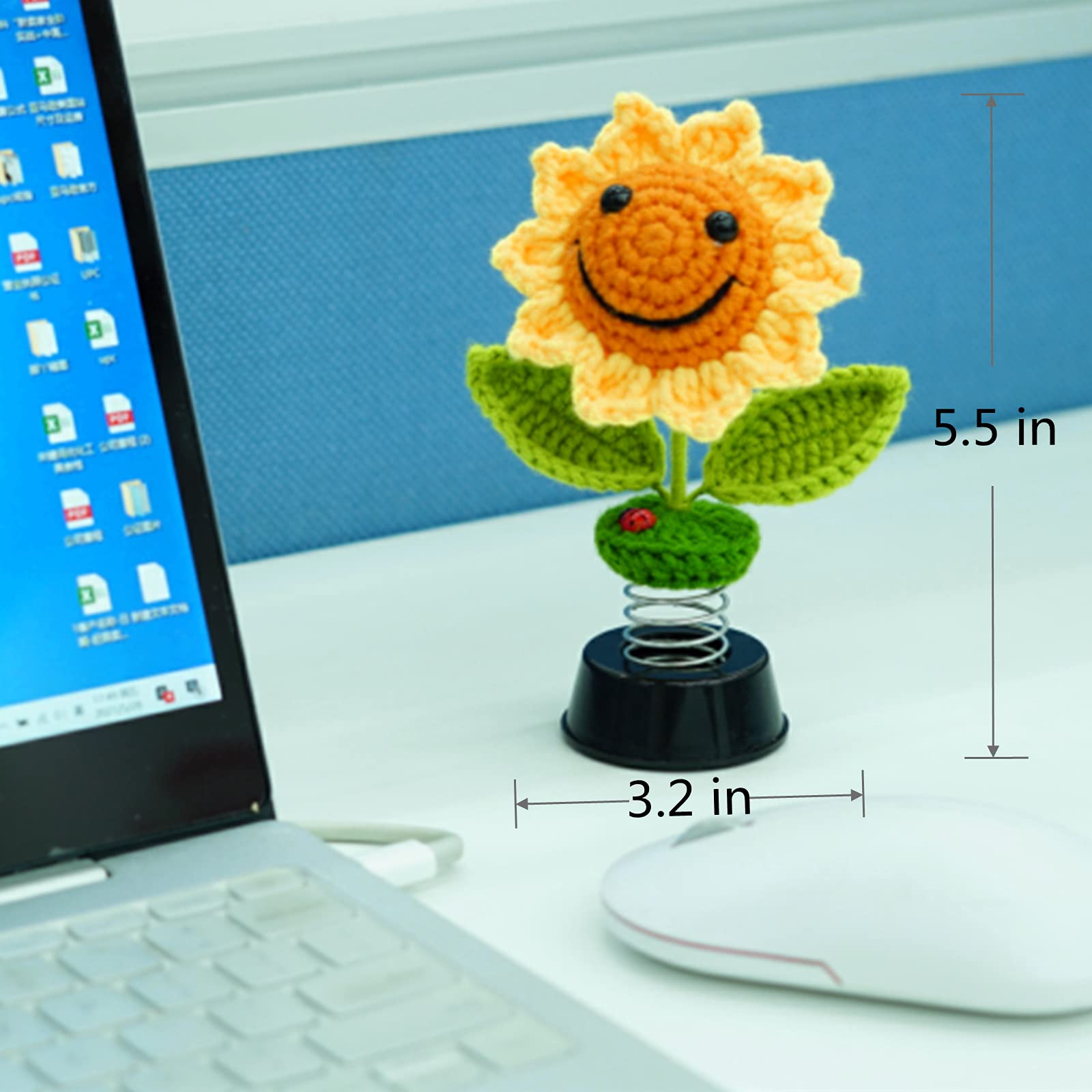 Levvohd Sunflower Car Accessories Dashboard Decorations, Crochet Smiley Shaking Sun Flowers Bobblehead Dashboard Car Decor For Women, For Cute Girl Car Interior Desk Ornaments Gifts (H 5.2 In)
