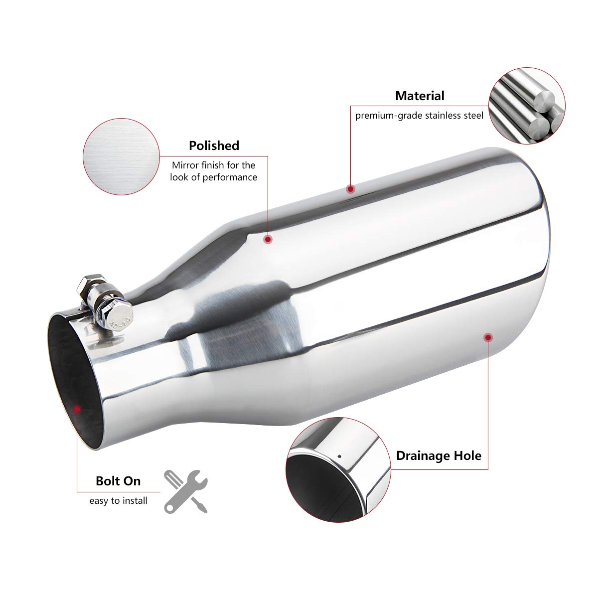 LCGP Stainless Steel Polished Exhaust Tip - 3 Inlet, 5 Outlet, 12 Length, Bolt On Tail Pipe for Enhanced Performance