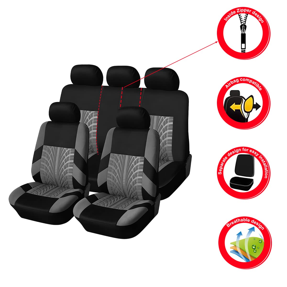 Car Seat Covers Full Set, Polyester Front Bucket Seat Protectors With Split Bench Back Seat Covers, Breathable Thicken Premium Sporty Seat Cushions, Auto Accessories For Car, Suv (Gray/Front,Back)