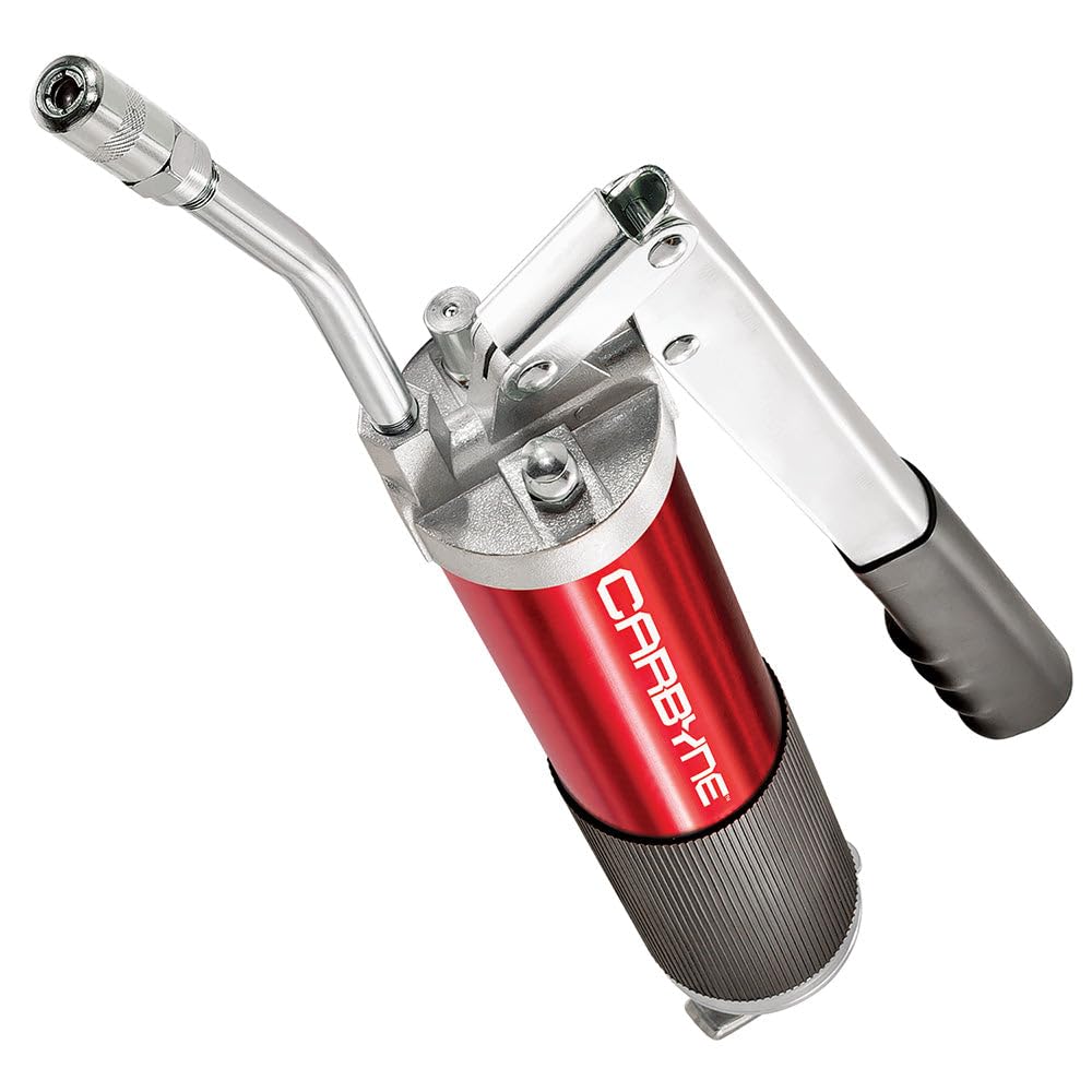 Carbyne Grease Gun - Lever Handle, Heavy Duty Professional Quality, Anodized Aluminum Barrel. 12 Inch Hose And 6 Inch Rigid Ext,