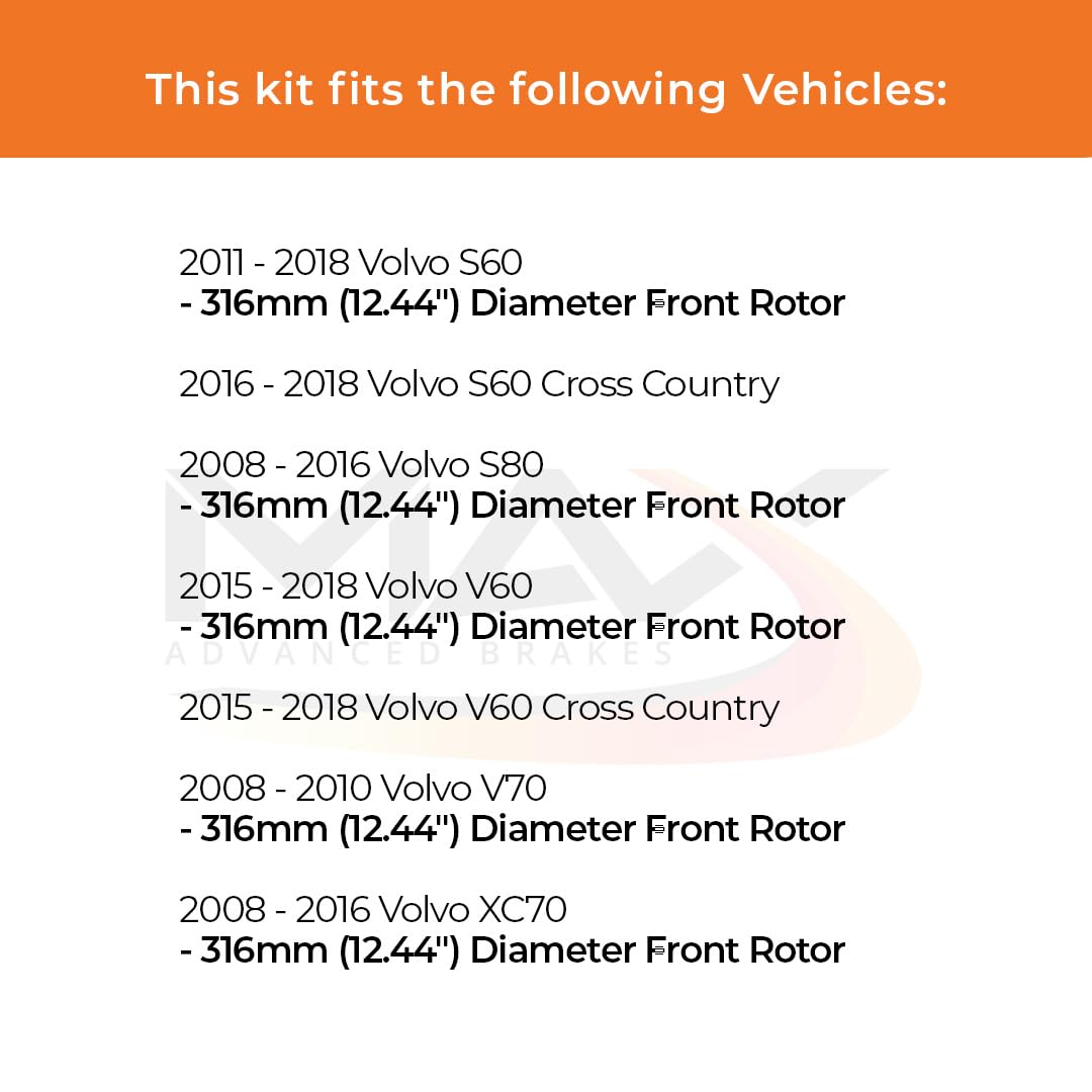Max Advanced Brakes Front Brake Kit Compatible With 2011-2017 2018 Volvo S60 S80 V60 V70 Xc70 W/12.44 '' Front Rotor Replacement