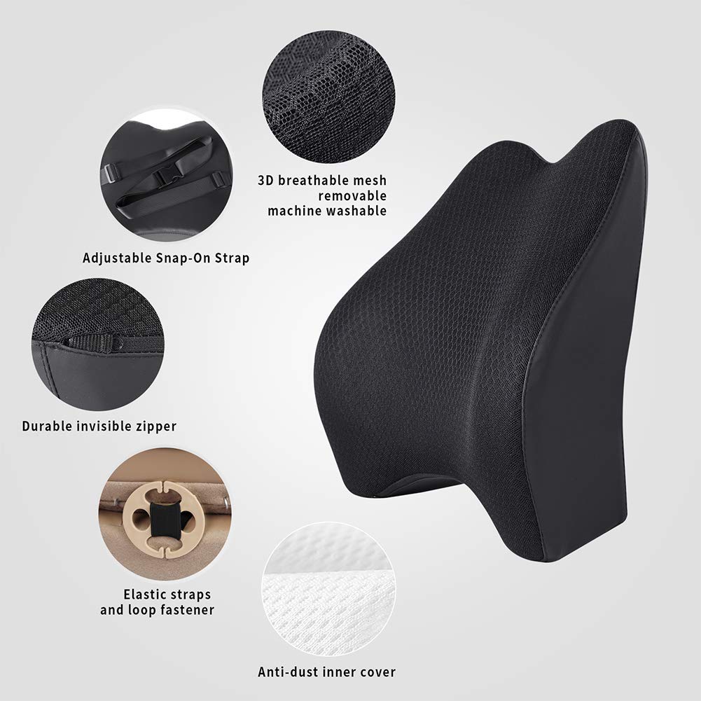 Tishijie Memory Foam Lumbar Support Pillow For Car - Back Support For Car Seat (Black)