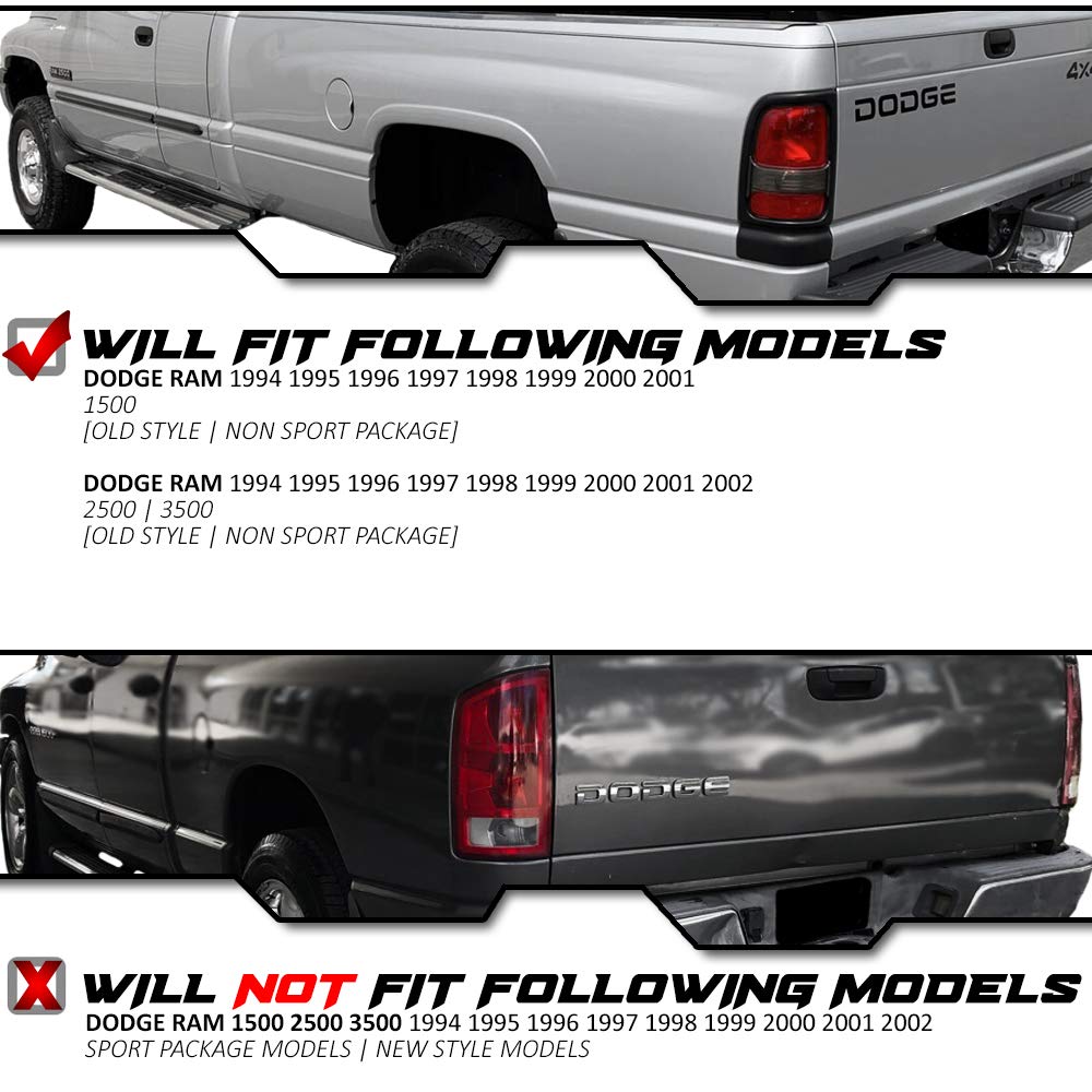 Epic Lighting Replacement Spec Brake Tail Lights W/Textured Bezel Assembly Compatible With Dodge 94-01 Ram 1500 94-02 Ram 2500 3