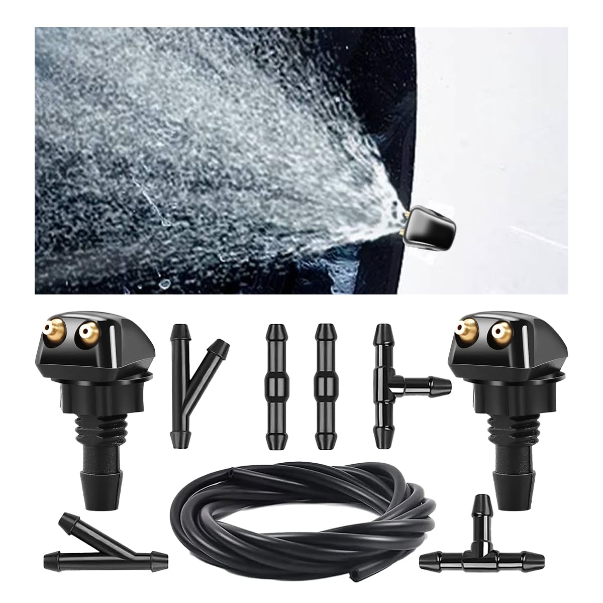 Car Front Windshield Washer Nozzles, Washer Nozzle Kit Car Double-Hole Wiper Washer, Auto Washer Nozzles Window Wiper Spray For Most Cars (Washer Nozzle With Hose And Connector)