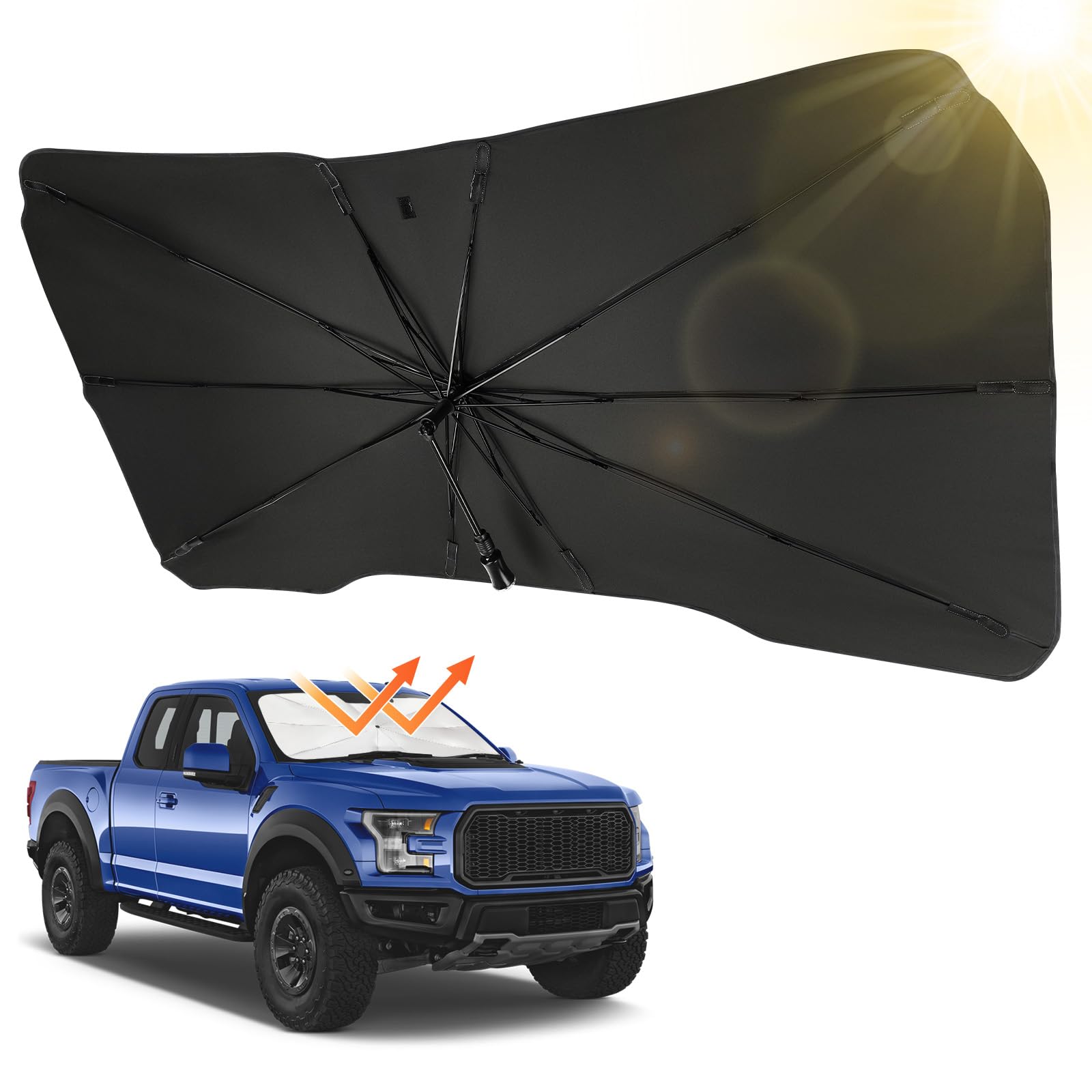 JOYTUTUS Windshield Sun Shade Umbrella, Fit for Ford 2015-2024 F150 F250 F350, Front Window Sun Shade with 360 Rotation Bendable