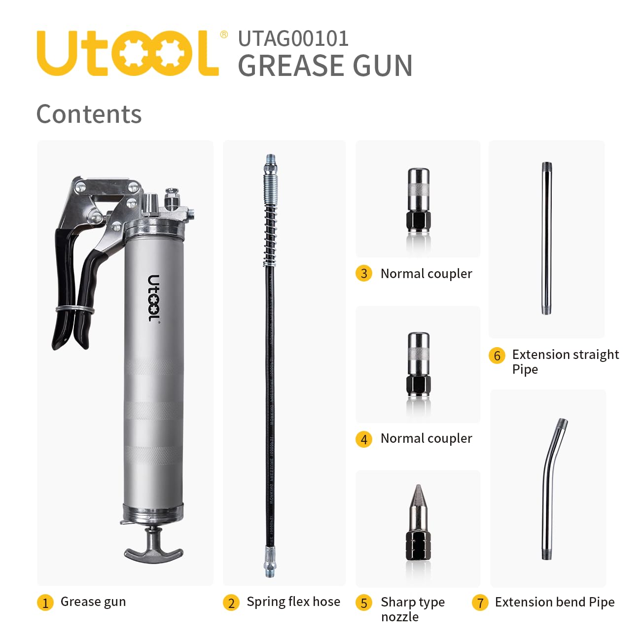 Utool Grease Gun, 8000 Psi Heavy Duty Pistol Grip Grease Gun Kit With 14 Oz Capacity, 18 Inch Resin Flex Hose, 2 Basic Coupler,