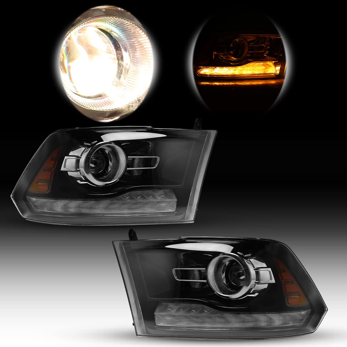 Roxx Headlight Assembly For 2013-2018 Dodge Ram 1500/2500/3500 With Turn Signal Light Function,13-18 Dodge Ram Headlight Replacement (Only Fit For Vehicle Factory Projector Lamps)