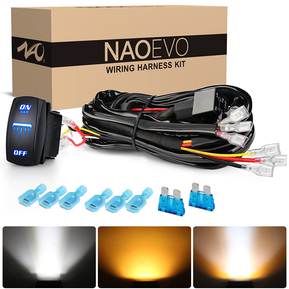 Naoevo 16Awg 160W Wiring Harness, Customized For Naoevo 6 Modes Light Bar, 8 Pin 12V 40A Relay On-Off Rocker Switch For Change Modes-2 Leads 12Ft