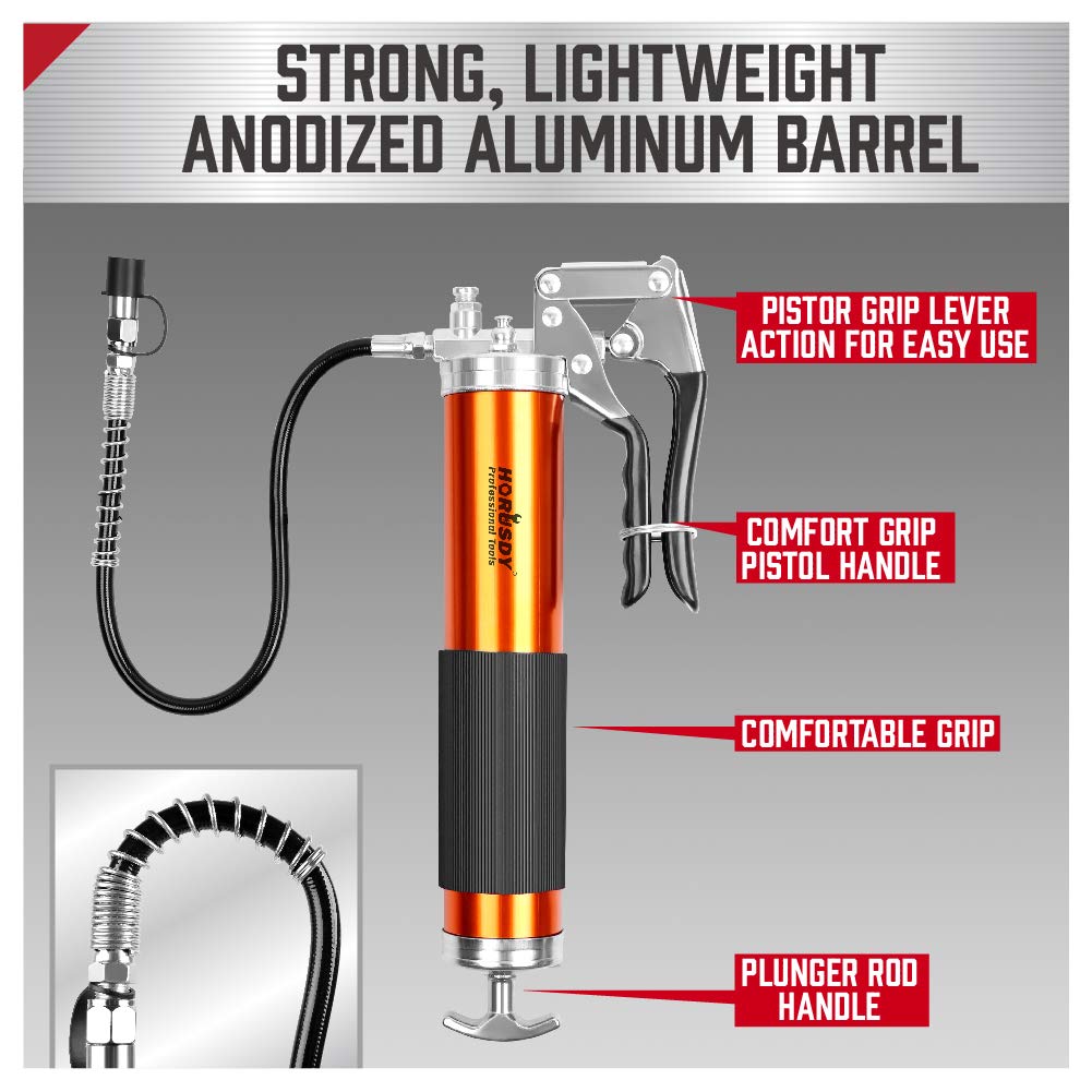 Horusdy Grease Gun, 7000 Psi Heavy Duty Pistol Grip Grease Gun With 14 Oz. Grease & 18 Flex Hose Coupler