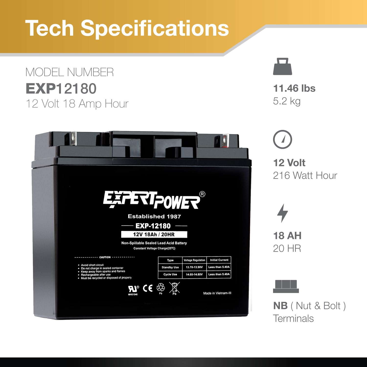 Expertpower Exp12180 12V 18Ah Lead Acid Battery