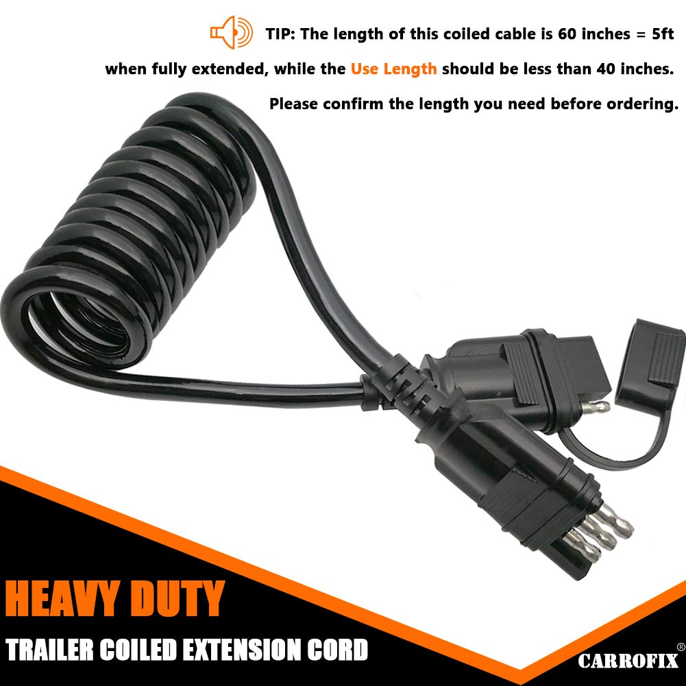 CARROFIX 40 Black 4 Way Flat Trailer Wire Extension Coiled Cable with 4 Pin Male & Female Wiring Harness Connector