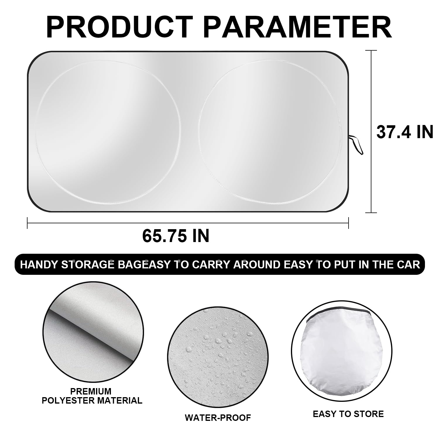 Justtop Car Sun Shade Windshield - Foldable Sun Car Window Shield 210T Coated Silver Cloth Reflective Polyester Material Blocks 99% Uv Rays, Fits Most Windshields(X-Large 65.7 X 37.4In)