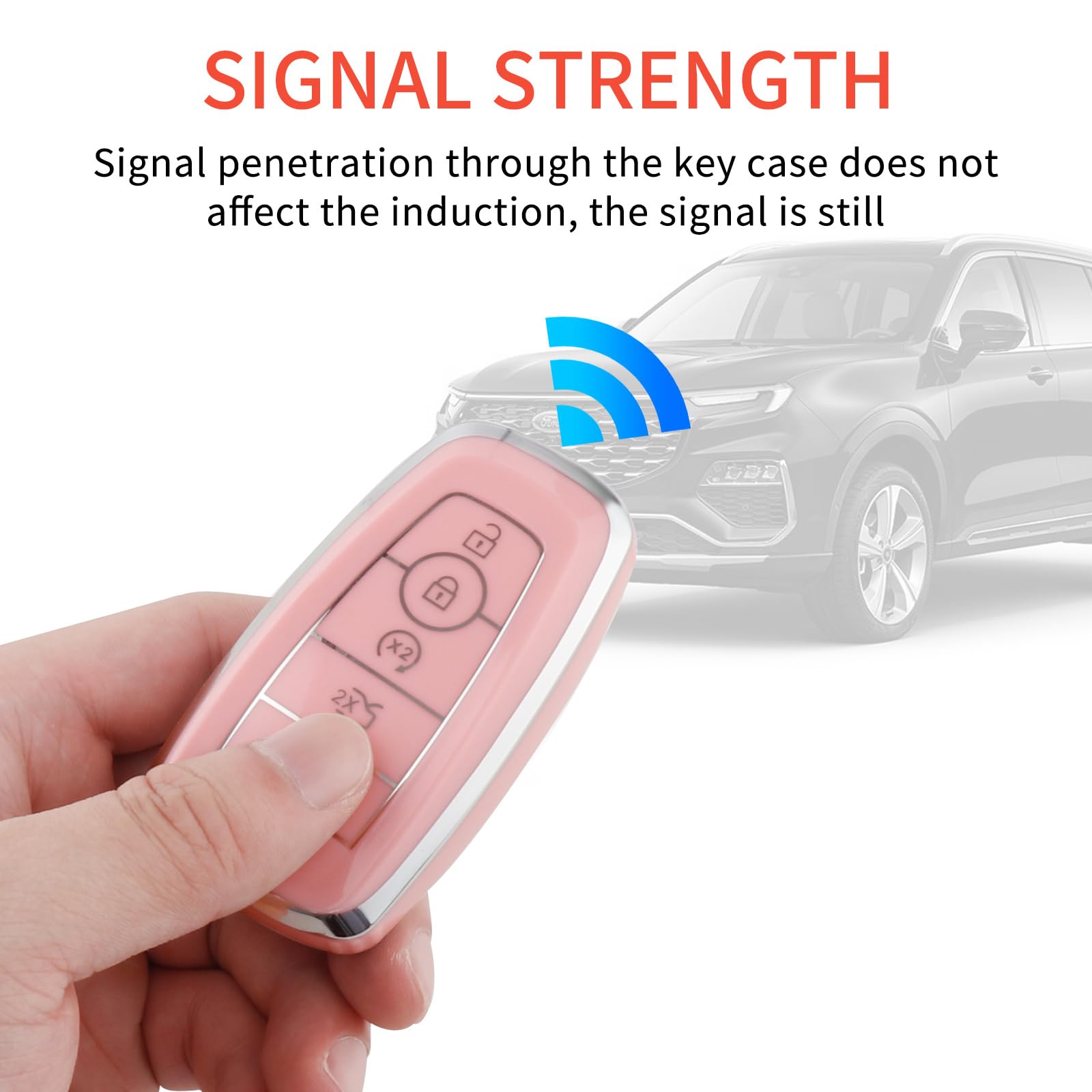 Pangpai Pink Key Fob Cover for Ford, Soft TPU Key Case Protection with Bling Keychain Fit for Edge Escape Expedition Explorer Fu