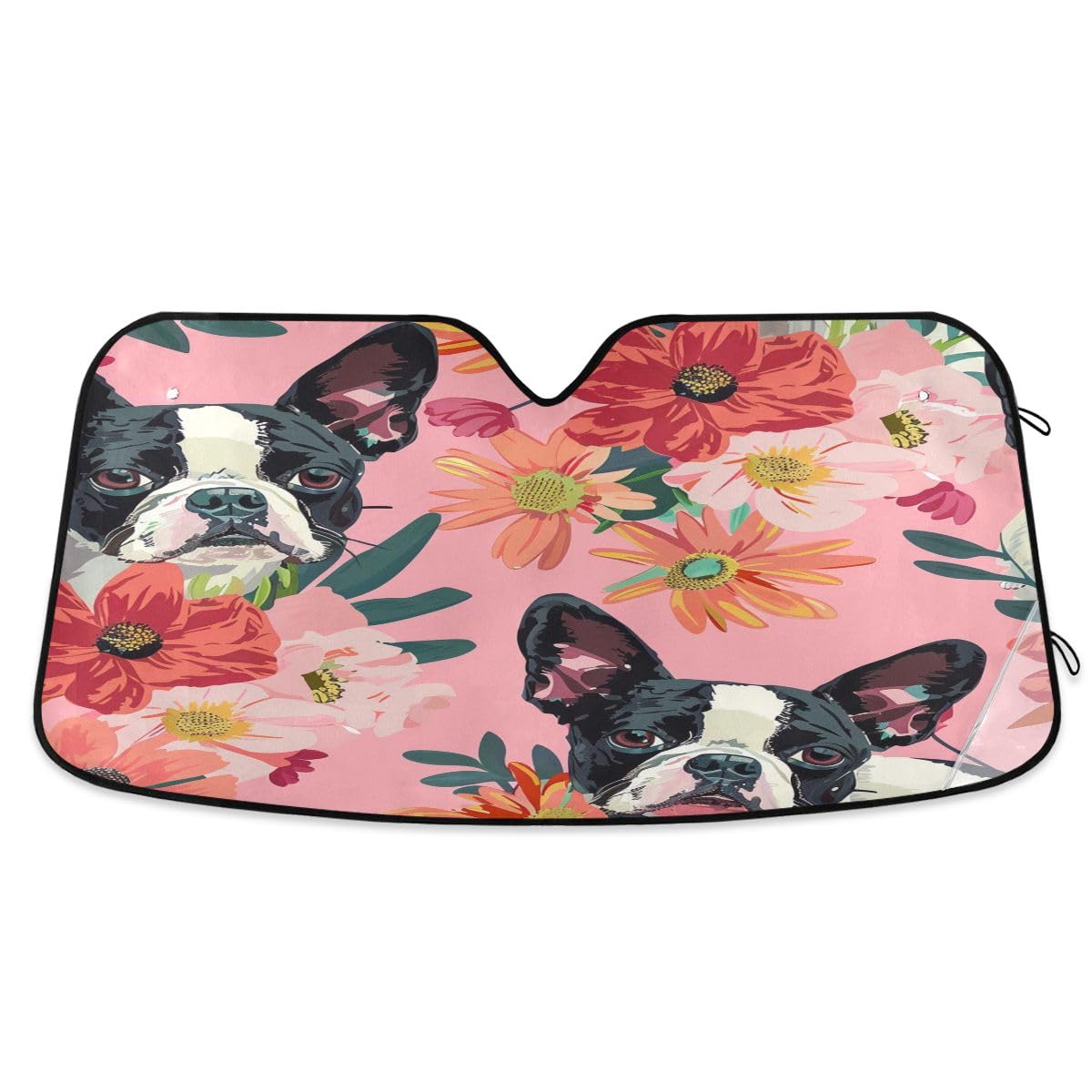 Car Windshield Sunshade Boston Terrier Flowers Pattern, Blocks Sun Visor Protector Foldable Sun Shield Keep Your Vehicle Cool, F