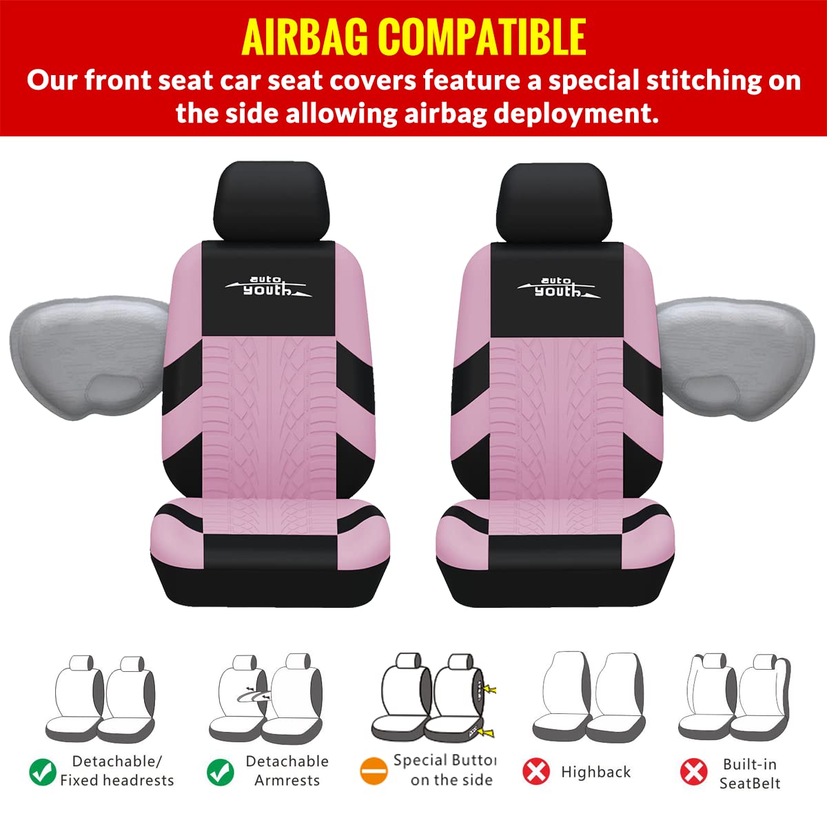 Autoyouth Car Seat Covers For Front Seats, Breathable And Washable Bucket Seat Covers For Cars, Truck, Suv, Vans Airbag Compatible Automotive Interior Covers, Pink