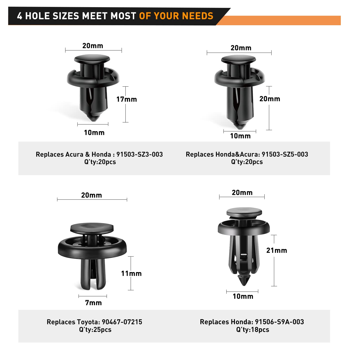 Gooacc Bumper&Splash Shield Retainer Metal Insert Clips Assortment Kit For Acura Honda 91503-Sz3-003 91503-Sz5-003 91506-S9A-003